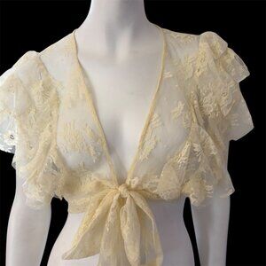 VTG Lace Coquette Flutter Ruffled Sleeves Shear Floral Shrug Jacket Tie Closure